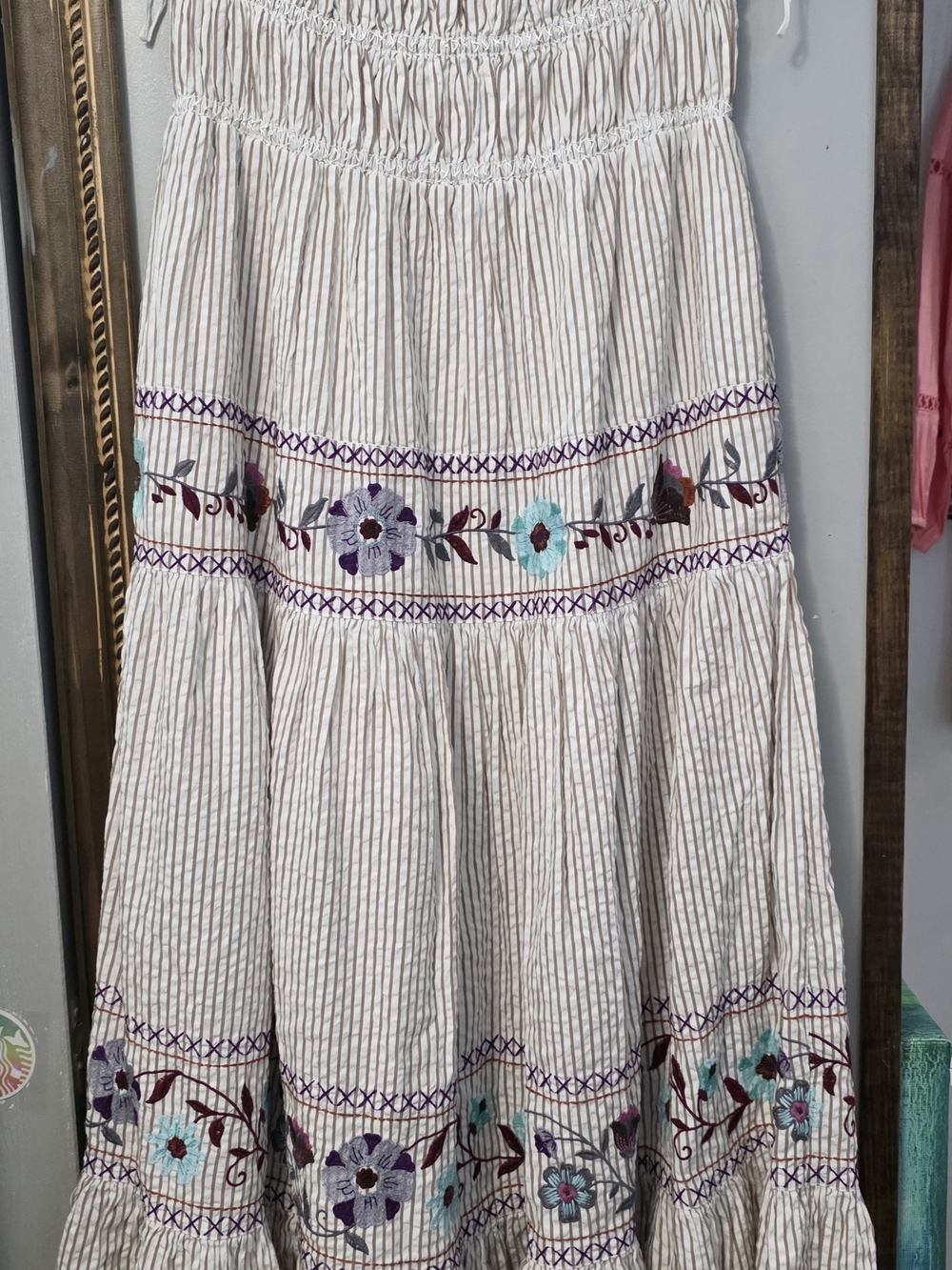 Free People Striped Maxi Strapless Dress with Teal & Purple Embroidery